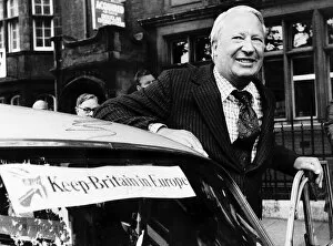 Images Dated 5th June 1975: Edward Ted Heath about to get into his car which has a sticker on it saying KEEP BRITAIN