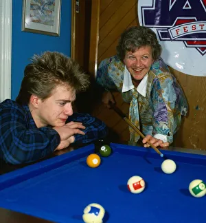Eileen McCallum actress April 1987 playing snooker pool with her son Eileen McCallum actress April 1987 playing snooker pool with her son