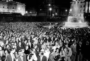Election night scene in Trafalgar Square as people watch Ted Heath' Election night scene in Trafalgar Square as people watch Ted Heath'