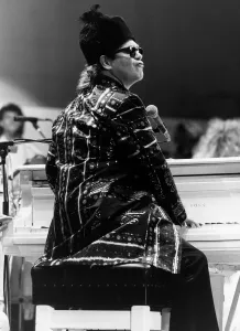 Elton John pop singer on stage at Live Aid Concert 1985 Wembley Stadium Elton John pop singer on stage at Live Aid Concert 1985 Wembley Stadium