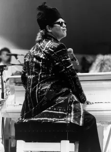 Elton John pop singer on stage at Live Aid Concert 1985 Wembley Stadium Elton John pop singer on stage at Live Aid Concert 1985 Wembley Stadium