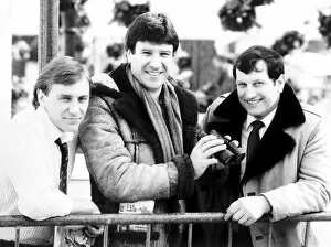 Emlyn Hughes Liverpool footballer April 1986 with jockeys Bob Champion right