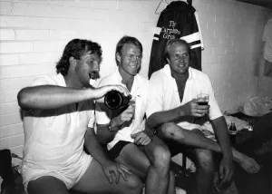 England all rounder Ian Botham celebrates in the dressing room with teammates in England all rounder Ian Botham celebrates in the dressing room with teammates in