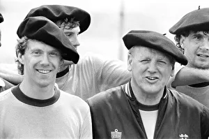 England footballer Tony Woodcock (left) and manager Ron Greenwood in relaxed mood wearing England footballer Tony Woodcock (left) and manager Ron Greenwood in relaxed mood wearing