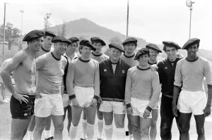 England footballers and management in relaxed mood wearing basque style berets at England footballers and management in relaxed mood wearing basque style berets at