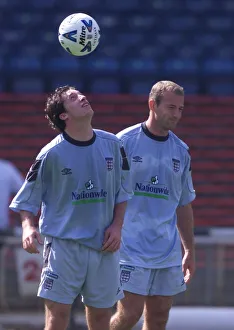 England strikers Robbie Fowler and Alan Shearer pictured during a training session at England strikers Robbie Fowler and Alan Shearer pictured during a training session at