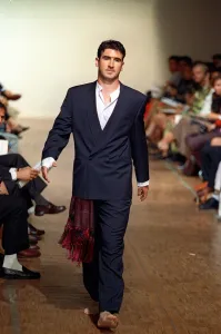 Eric Cantona models Paco Rabanne fashion on catwalk 1993 Eric Cantona models Paco Rabanne fashion on catwalk 1993