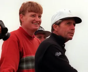Ernie Els and Gary Player at Troon for the Open Golf July 1997 during their last practice Ernie Els and Gary Player at Troon for the Open Golf July 1997 during their last practice