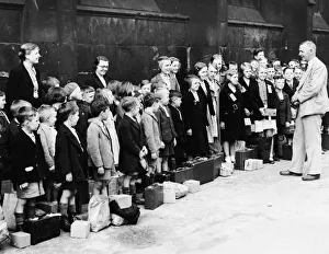 Evacuations of school children rehearsal. Children receiving instructions at St Evacuations of school children rehearsal. Children receiving instructions at St