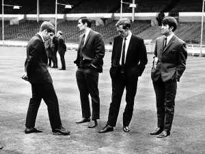 Everton midfielders Alan Ball and Howard Kendall inspect the Wembley pitch with teammates Everton midfielders Alan Ball and Howard Kendall inspect the Wembley pitch with teammates