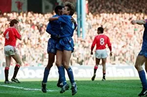 Images Dated 8th April 1990: FA Cup. Manchester United 3 v Oldham Athletic 3. Barrett and Warhurst celebrate