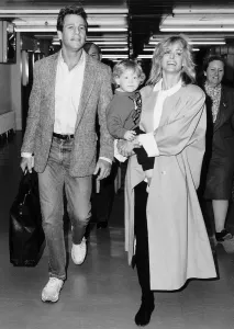 Farrah Fawcett Actress with her family fying out of Heathrow April 1987 Farrah Fawcett Actress with her family fying out of Heathrow April 1987