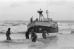 Father Christmas arrives to Newbiggin by lifeboat. Northumberland, December 1985 Father Christmas arrives to Newbiggin by lifeboat. Northumberland, December 1985
