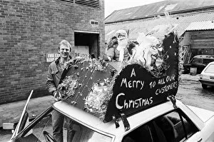 Father Christmas on top of a taxi. Teesside, December 1985