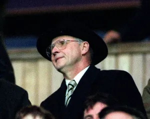 Fergus McCann wearing hat glasses in stand Ibrox Celtic Falkirk Scottish cup semi final Fergus McCann wearing hat glasses in stand Ibrox Celtic Falkirk Scottish cup semi final