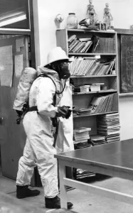 00074 Gallery: A firefighter checks the classroom is safe