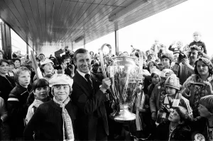 Footballer John McGovern being greeted by fans after the Nottingham Forest victory in Footballer John McGovern being greeted by fans after the Nottingham Forest victory in