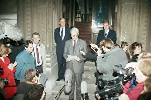 Foreign Secretary Douglas Hurd on the steps on the Foreign Office announcing his Foreign Secretary Douglas Hurd on the steps on the Foreign Office announcing his