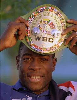 Frank Bruno displays the WBC trophy in Las Vegas at press conference for the World Frank Bruno displays the WBC trophy in Las Vegas at press conference for the World