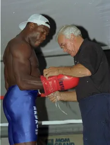 Frank Bruno trains in Las Vegas for his title fight with Mike Tyson with trainer George Frank Bruno trains in Las Vegas for his title fight with Mike Tyson with trainer George