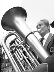 Fred Joicey playing the base tuba in a parade for the Ellington band in June 1987 Fred Joicey playing the base tuba in a parade for the Ellington band in June 1987