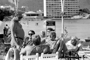 Freddie Laker on his motor cruiser of Majorca. 81-03733 Freddie Laker on his motor cruiser of Majorca. 81-03733