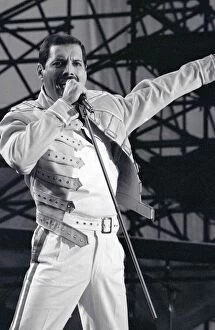 Images Dated 9th July 1986: Freddie Mercury from Queen in concert at St James Park in Newcastle. July 1986