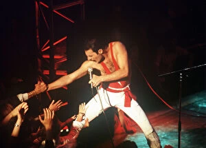 Freddie Mercury from Queen on stage at the Montreux pop festival, May 1984