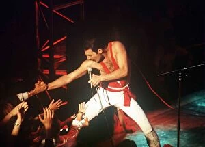 Freddie Mercury from Queen on stage at the Montreux pop festival May 1984