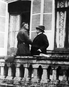 French Premier Georges Clemenceau seen here at a meeting with General Douglas Haig to French Premier Georges Clemenceau seen here at a meeting with General Douglas Haig to
