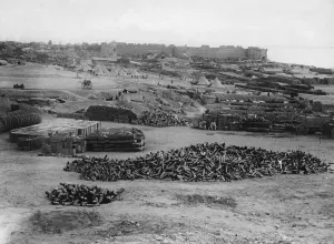 00573 Gallery: The French Stores Depot at Seddul Bahr, Gallipoli in the background. Circa May 1915