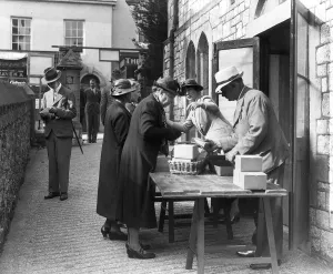 Gas masks being issued at Upton School. 27th August 1939 Gas masks being issued at Upton School. 27th August 1939