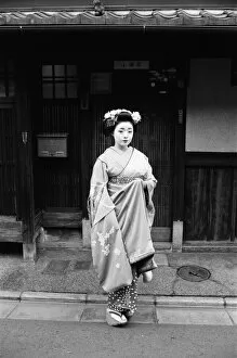 Images Dated 8th March 1982: Geisha girl, Katsuno, pictured outside her Geisha House in Kyoto, Japan, 8th March 1982