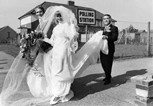Images Dated 19th June 1970: General Election 1970: Marilyn Bath arrives to vote - just after getting married