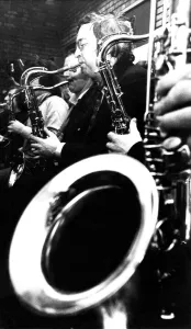Geoff Hedley playing the saxophone in the Newcastle Big Band in February 1973 Geoff Hedley playing the saxophone in the Newcastle Big Band in February 1973