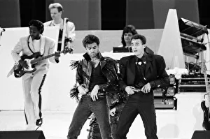 George Michael and Andrew Ridgeley of pop duo Wham!, at their farewell concert entitled George Michael and Andrew Ridgeley of pop duo Wham!, at their farewell concert entitled