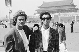 George Michael (left) and Andrew Ridgeley (right) from Wham ! in China. 1985