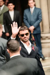 Aids Gallery: George Michael outside court after losing his battle against Sony. Wearing an AIDS ribbon