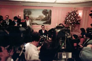 George Michael speaking to press during his failed court battle to be released from his George Michael speaking to press during his failed court battle to be released from his