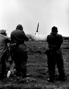 German gunners watch as a Pershing missile is launched from their South Uist base German gunners watch as a Pershing missile is launched from their South Uist base