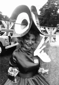 Gertrude Shilling in Union Jack flag hat at Royal Ascot in 1982 Gertrude Shilling in Union Jack flag hat at Royal Ascot in 1982