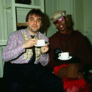 Grace Jones drinking tea with Billy Sloan April 1983 Grace Jones drinking tea with Billy Sloan April 1983
