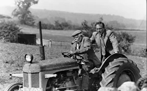 Graham Rigby actor driving the tracter and Christopher Timothy as James Herriot in the TV programme All Creatures Great and Small. August 1989 Graham Rigby actor driving the tracter and Christopher Timothy as James Herriot in the TV