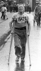 The Great North Run 27 June 1982 - pensioner Richard Redhead battles on, on his crutches The Great North Run 27 June 1982 - pensioner Richard Redhead battles on, on his crutches