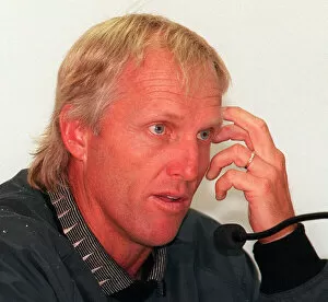 Images Dated 15th July 1997: Greg Norman golfer at a press conference July 1997 on the eve of the Open Golf tournament
