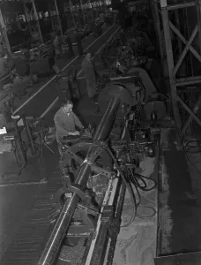 Gun barrels for tanks under construction at the Royal Ordnance Factory, Llanishen Gun barrels for tanks under construction at the Royal Ordnance Factory, Llanishen
