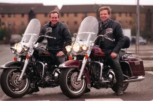 Two guys on Harley Davidson bikes February 1998 Two guys on Harley Davidson bikes February 1998