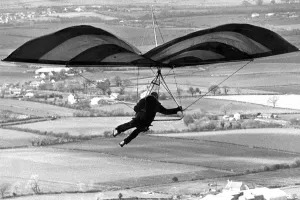 A hang glider flying over the Cleveland countryside in March 1975 A hang glider flying over the Cleveland countryside in March 1975