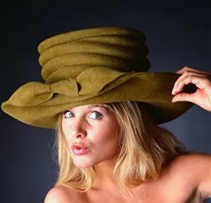 Hat Fashion model wears green felt hat, November 1989