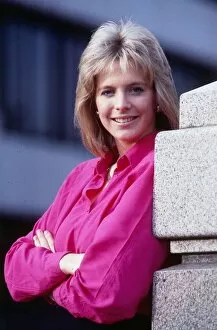 Hazel Irvine TV presenter November 1988 wearing pink blouse shirt arms folded arms